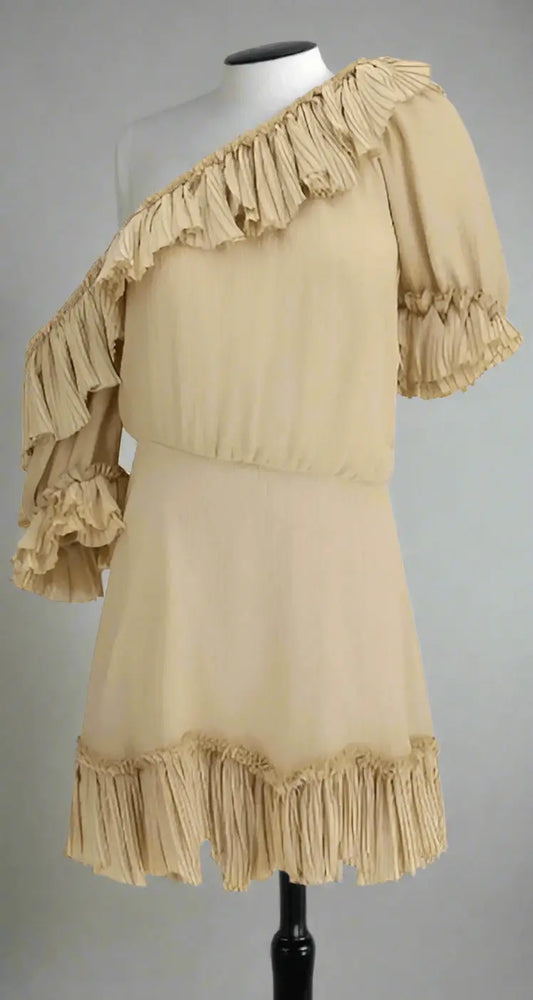 Saint Laurent one-shoulder beige silk dress with ruffles and pleated trim