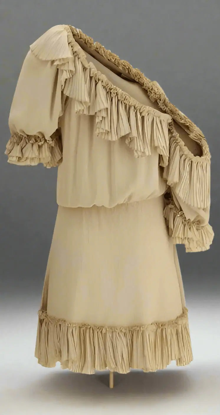 Saint Laurent beige silk dress with one-shoulder ruffled trim for elegant style