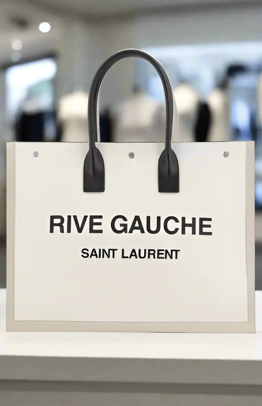 White Saint Laurent Rive Gauche tote bag with black handles for Saint Laurent RIVE GAUCHE handbags