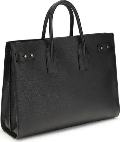 Black leather Saint Laurent Sac De Jour bag with top handles and gold-tone studs