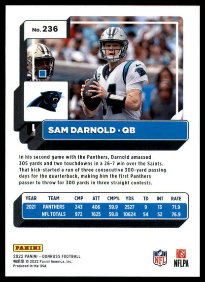 Sam Darnold football card from 2022 Donruss series featuring Carolina Panthers player
