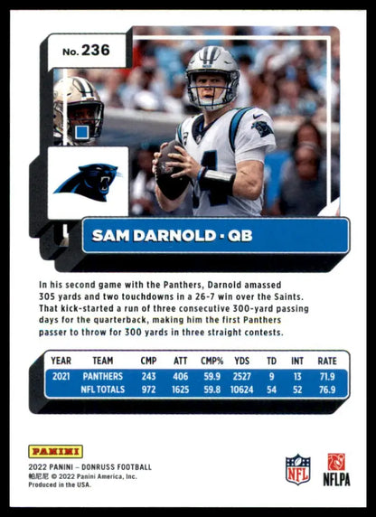 Sam Darnold football card from 2022 Donruss Carolina Panthers collection
