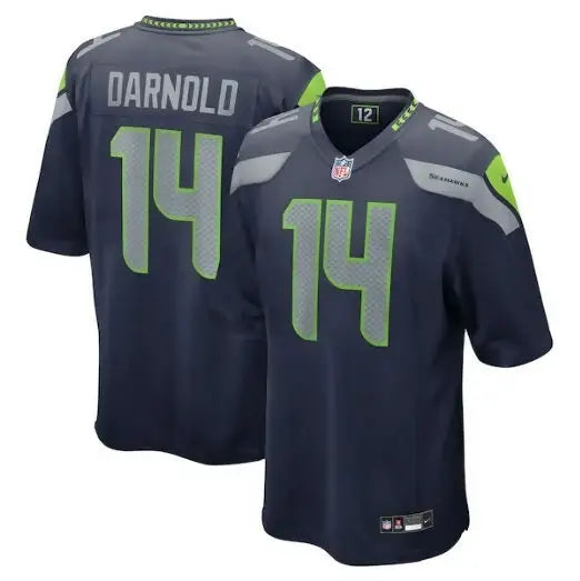 Navy blue Sam Darnold Seattle Seahawks Nike game jersey with lime green and gray number 14