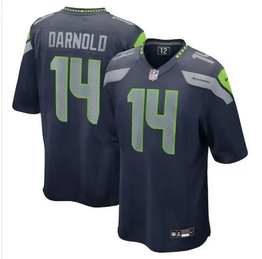 Navy blue and lime green Seattle Seahawks Sam Darnold football jersey with 14 on back