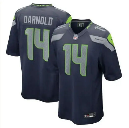 Navy blue and lime green Seattle Seahawks Sam Darnold football jersey with 14 on back