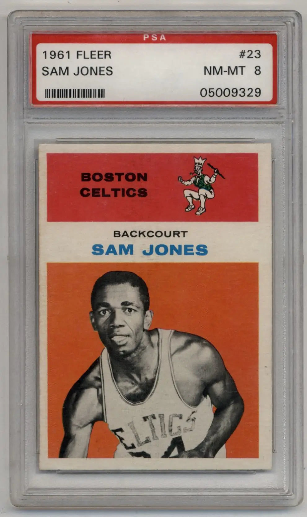 PSA-graded Sam Jones 1961 Fleer #23 trading card in protective case, showing Near Mint-Mint quality
