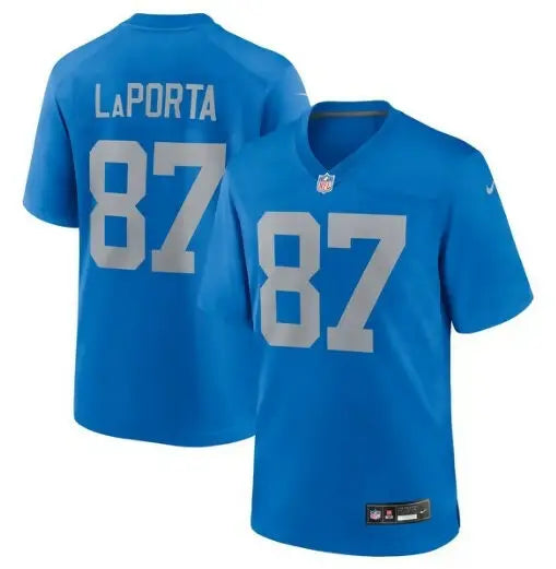 Two blue Detroit Lions Nike Alternate Game Jerseys with 87 and LaPorta on the back