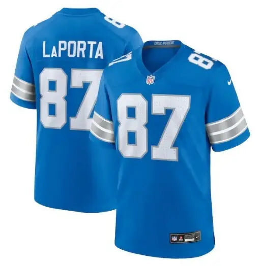 Blue Detroit Lions Sam LaPorta Nike Game Jersey with white numbers and name