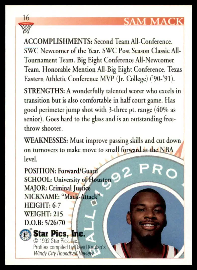 Basketball card back showing Sam Mack 1992 Star Pics Houston Cougars collectible