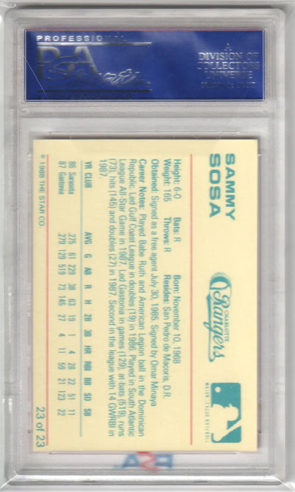 Graded Sammy Sosa baseball card from Star Charlotte Rangers displayed by Columbia Hobby