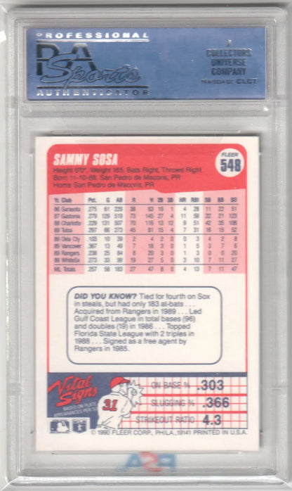 Graded Sammy Sosa Fleer Sammy baseball card from Columbia Hobby in mint condition