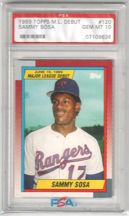 Graded 1989 Topps Sammy Sosa baseball card GEM MINT PSA 10 Columbia Hobby