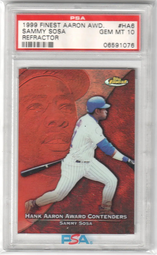 Graded Sammy Sosa 1999 Finest Aaron Award baseball card Columbia Hobby PSA 10 GEM MINT