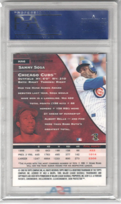 Sammy Sosa 1999 Finest Aaron Award baseball card in PSA 10 GEM MINT from Columbia Hobby