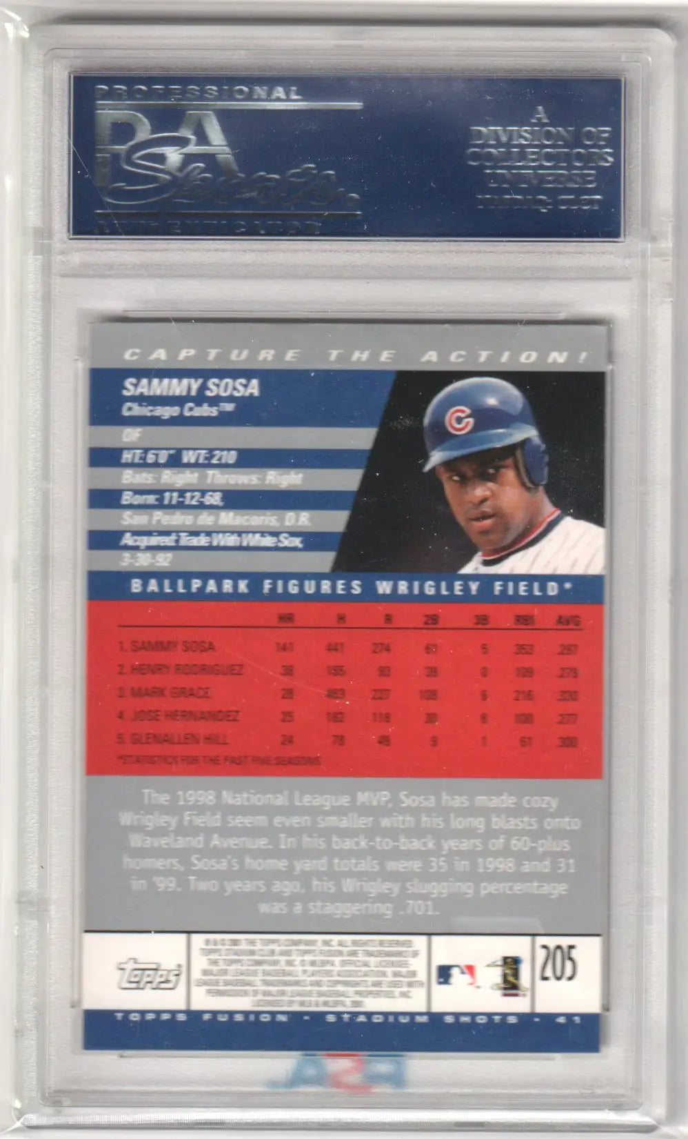Graded Sammy Sosa baseball card from Topps Fusion Stadium Club PSA GEM MINT Columbia Hobby