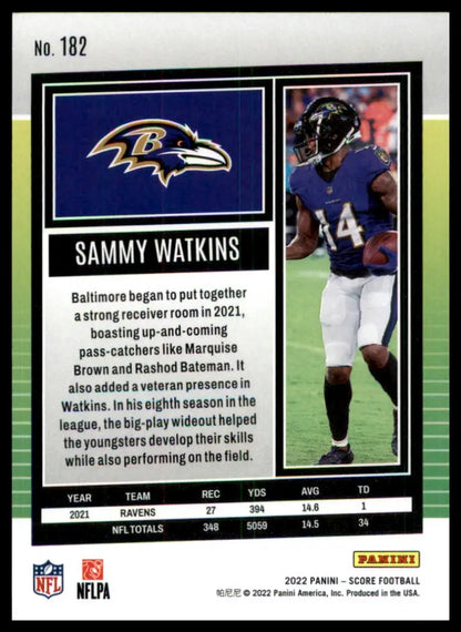 Football card of Sammy Watkins from the 2022 Score Baltimore Ravens series