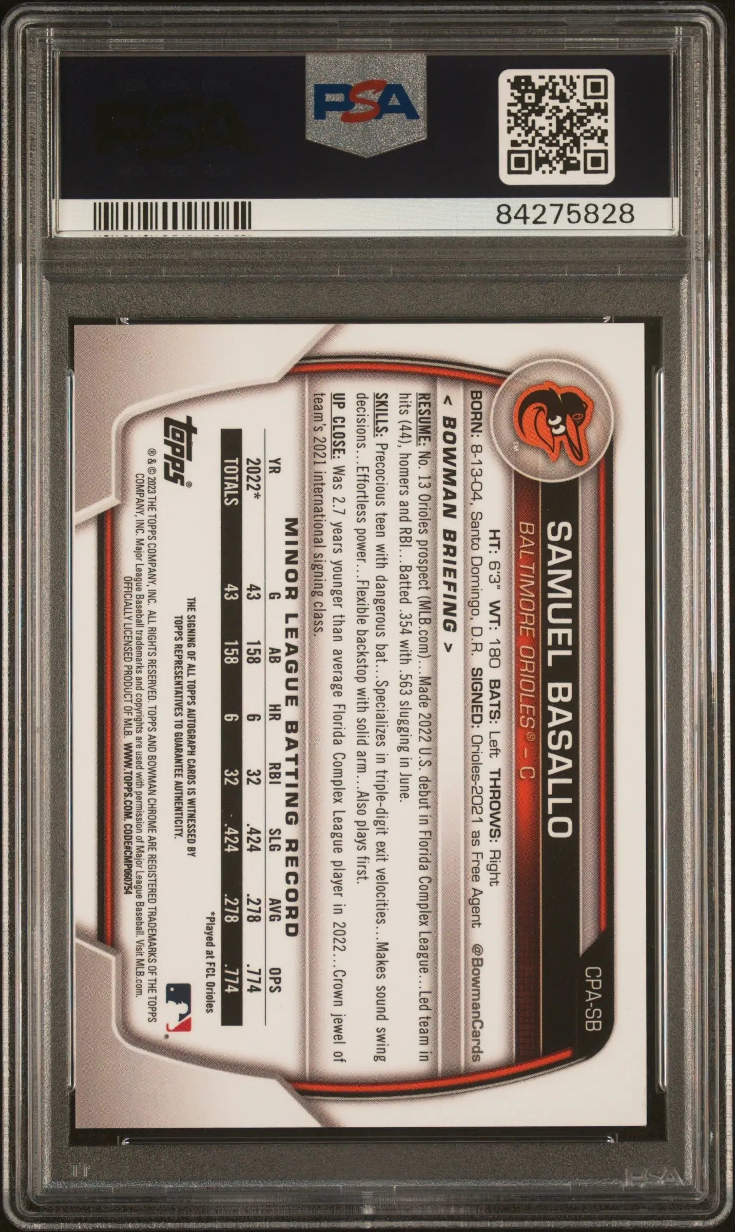 Graded Samuel Basallo 2023 Bowman Chrome Auto PSA 10 Gem Mint baseball card