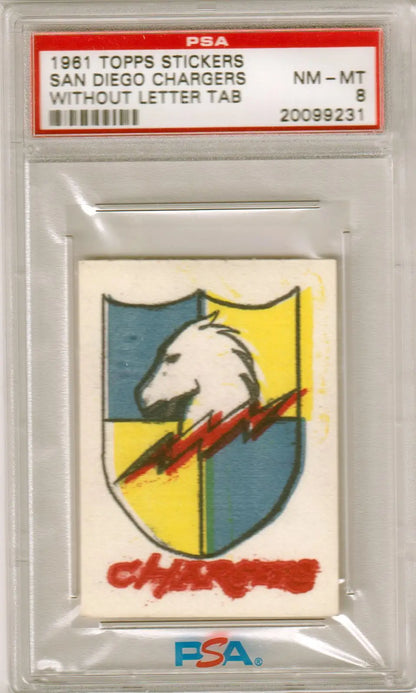 Graded 1961 Topps San Diego Chargers sticker PSA 8 NM-MT for San Diego Chargers fans