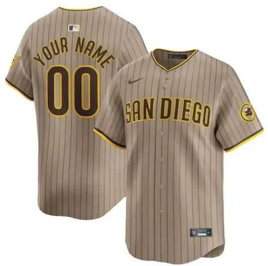 San Diego Padres Nike Alternate Limited Custom Khaki Baseball Jersey displayed as a product