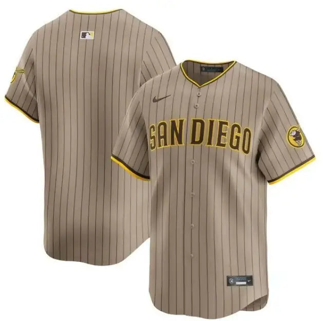 Tan pinstripe San Diego Padres Nike Alternate Limited Jersey on display