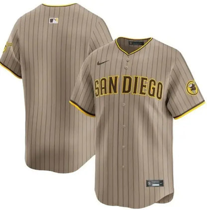 Tan pinstriped San Diego Padres Nike Alternate Limited Baseball Jersey displayed