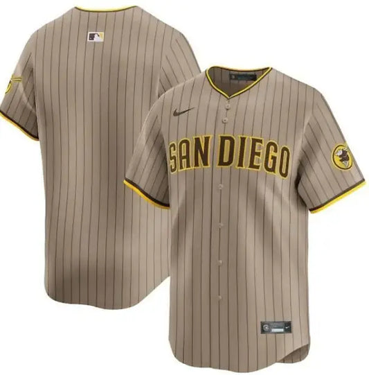 Tan pinstriped San Diego Padres Nike Alternate Limited Baseball Jersey displayed