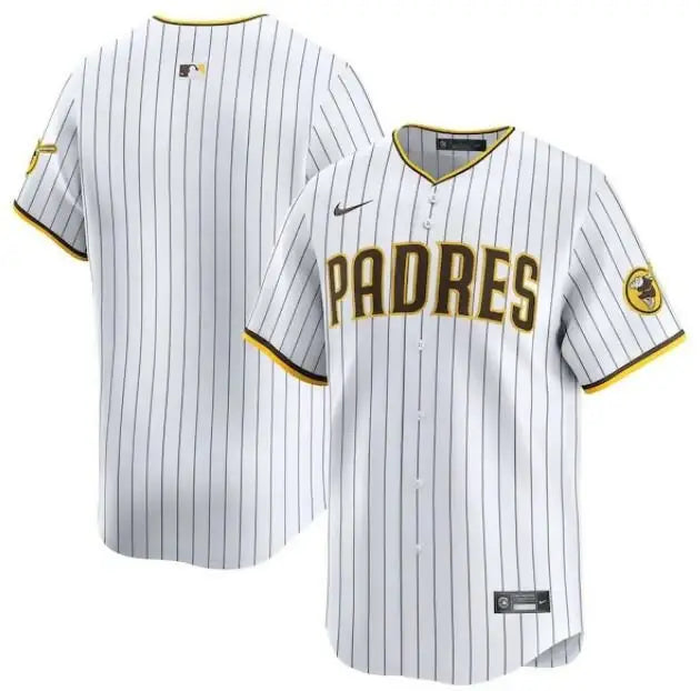 White pinstriped San Diego Padres Nike Home Limited Jersey with Padres in brown and gold