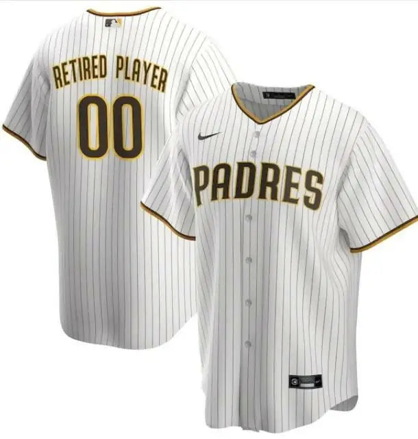 White and brown pinstriped San Diego Padres Nike retired player jersey with RETIRED PLAYER 00