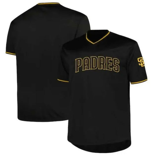 Black San Diego Padres baseball jersey displayed in product image