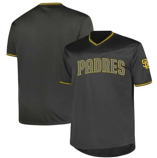 Black Padres baseball jersey displayed in San Diego Padres Profile Big & Tall Pop Fashion Jersey Charcoal