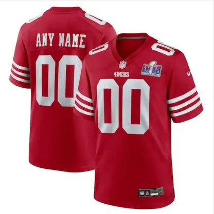 Red San Francisco 49ers Nike Super Bowl LVIII patch custom game jersey with white numbers and stripes