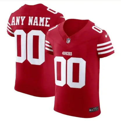 Two red San Francisco 49ers Nike Vapor F.U.S.E. Elite custom jerseys with white numbers