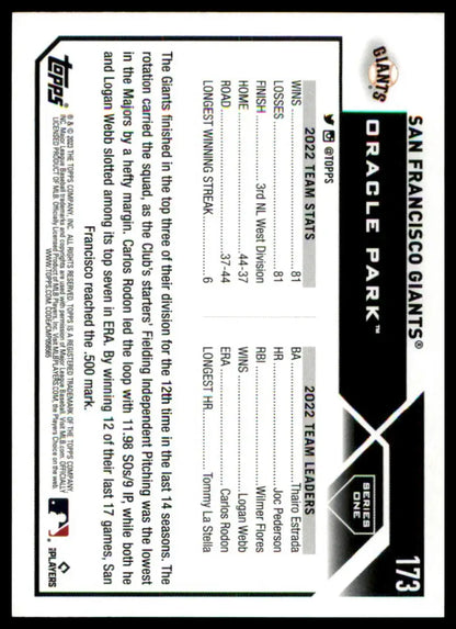 Baseball card back featuring San Francisco Giants 2023 Topps #173 collectible