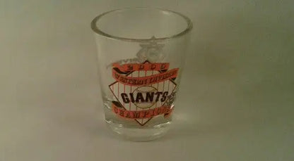 Clear glass San Francisco Giants shot glass with baseball-themed logo for Giants shot collection