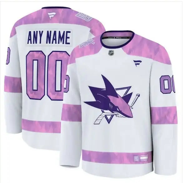 White and pink San Jose Sharks hockey jersey with shark logo for Hockey Fights Cancer