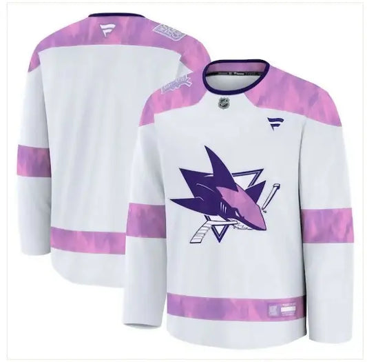 White San Jose Sharks 2024 Hockey Fights Cancer practice jersey with purple accents and shark logo