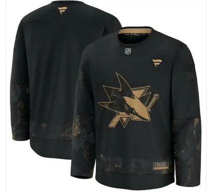 Black and gold San Jose Sharks 2024 Military Appreciation Practice Jersey displayed