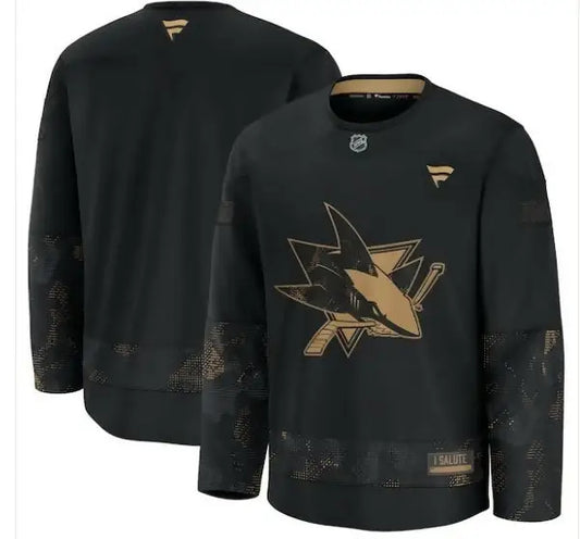 Black and gold San Jose Sharks 2024 Military Appreciation Practice Jersey displayed