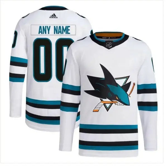 White San Jose Sharks adidas Away Primegreen authentic hockey jersey with shark logo and customizable name and number