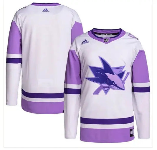 White and purple San Jose Sharks adidas Hockey Fights Cancer Primegreen jersey