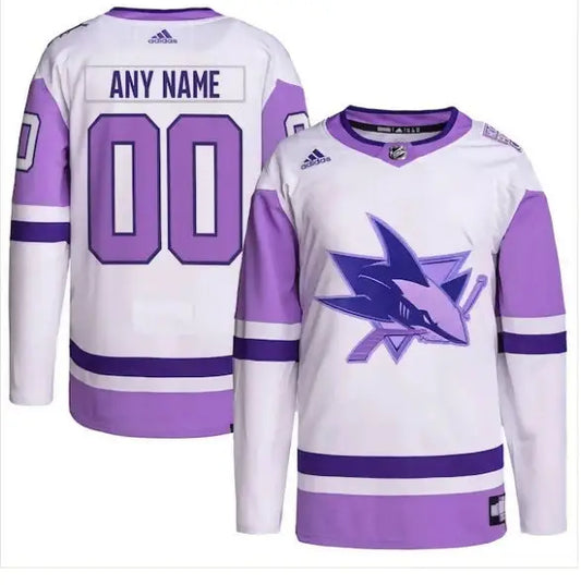 White and purple San Jose Sharks Hockey Fights Cancer jersey with shark logo