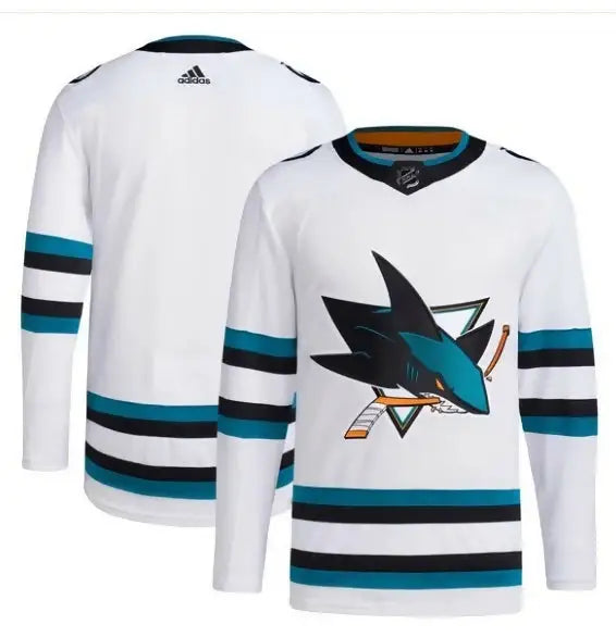 White San Jose Sharks adidas men’s away Primegreen authentic hockey jersey with teal and black stripes