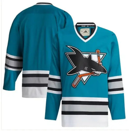 Teal San Jose Sharks adidas Team Classics hockey jersey with shark logo and striped design