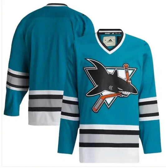 Teal San Jose Sharks adidas Team Classics hockey jersey with shark logo and striped design