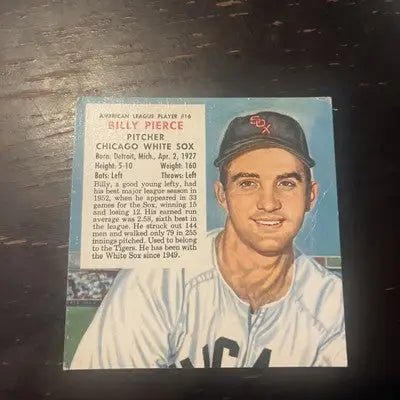 Vintage Billy Pierce baseball card featuring Sandy Consuegra Chicago White Sox Red Man design