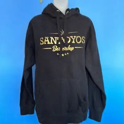 Barbershop black hooded sweatshirt with gold lettering from Santoyo’s Barbershop XL men’s graphic hoodie