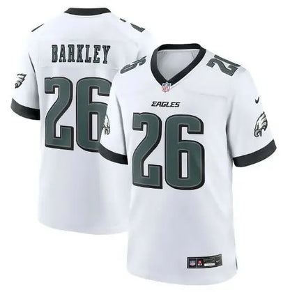 White Philadelphia Eagles Saquon Barkley jersey with dark green Barkley 26 lettering