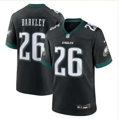 Black Philadelphia Eagles Saquon Barkley jersey with 26 on front and back, Nike logo