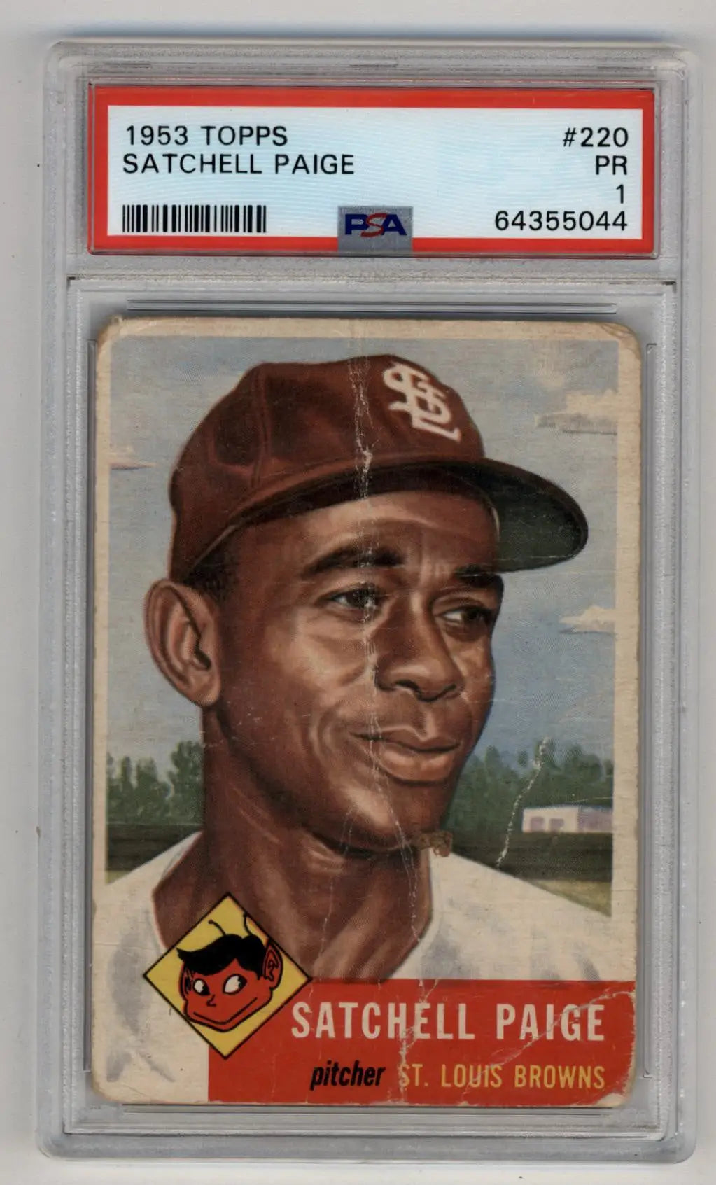 1953 Topps Satchell Paige baseball card graded PSA 1 featuring St. Louis Browns player