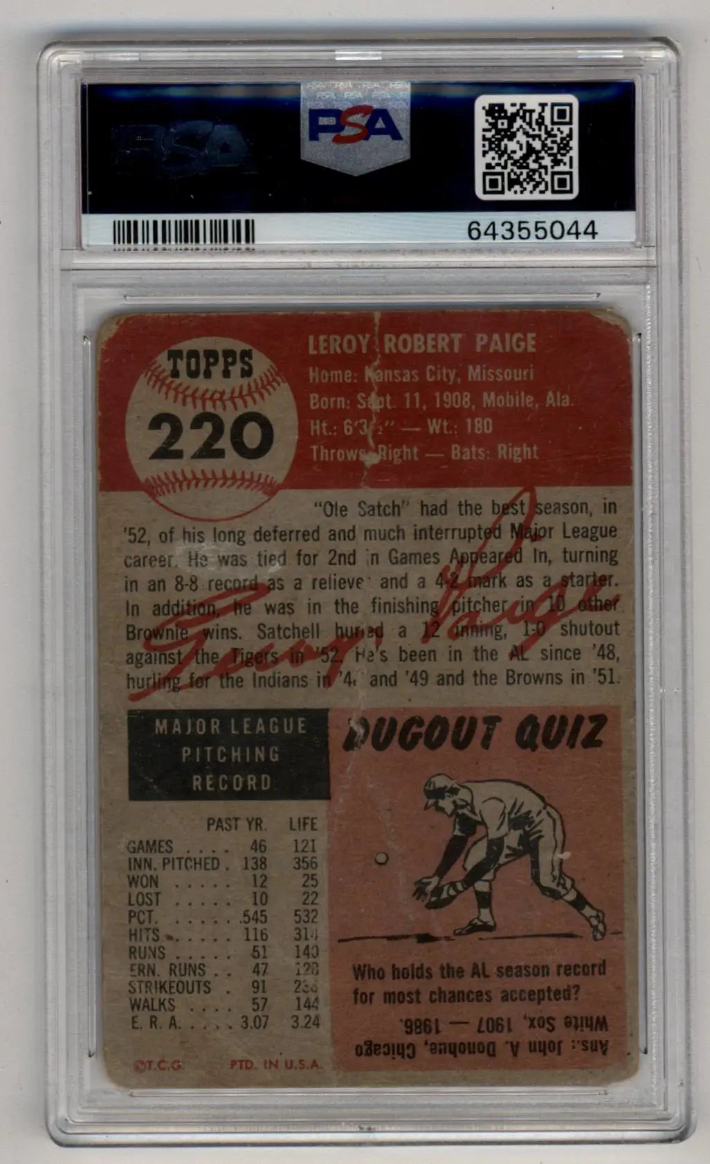 Back of Satchell Paige 1953 Topps #220 PSA 1 Poor trading card with statistics and quiz